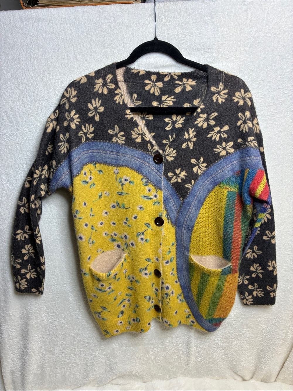 Floral Patchwork Button-Up Women's Sweater Cardigan - Yellow & Black